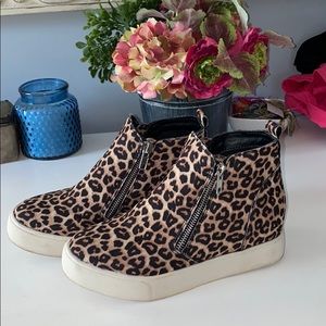 Soda cheetah wedge sneakers with side zipper